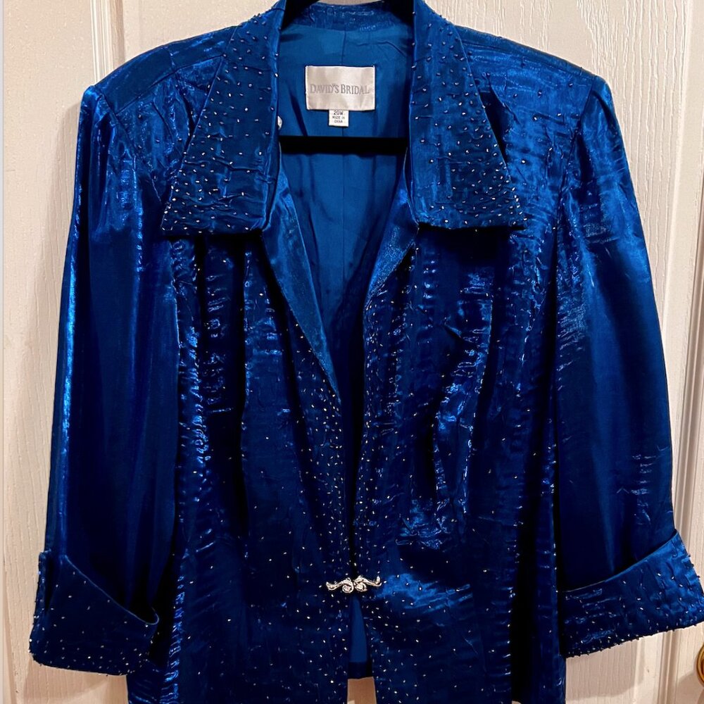 David's Bridal Royal Blue Satin Beaded Blazer